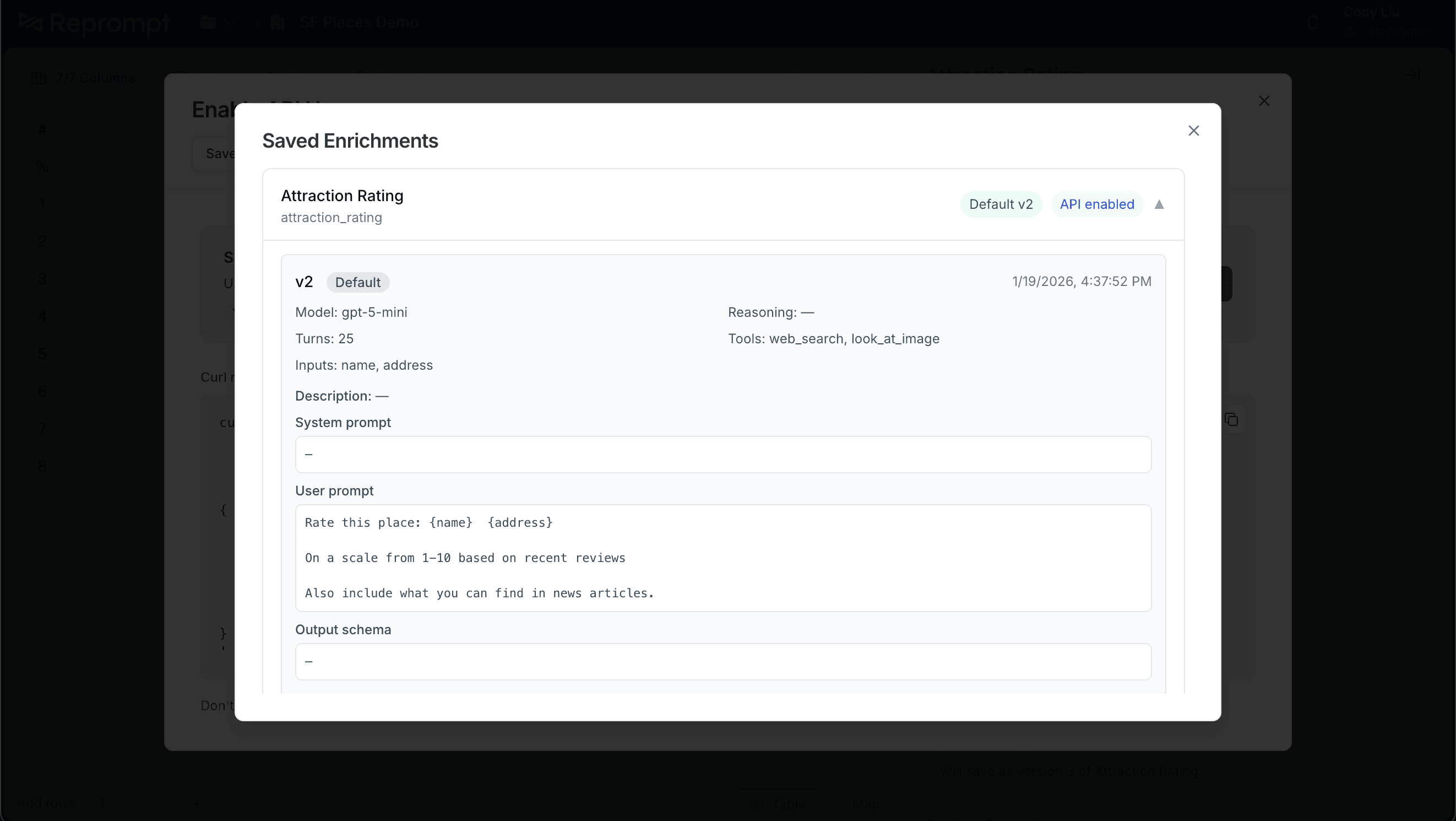 Saved enrichments showing default version and API enabled status