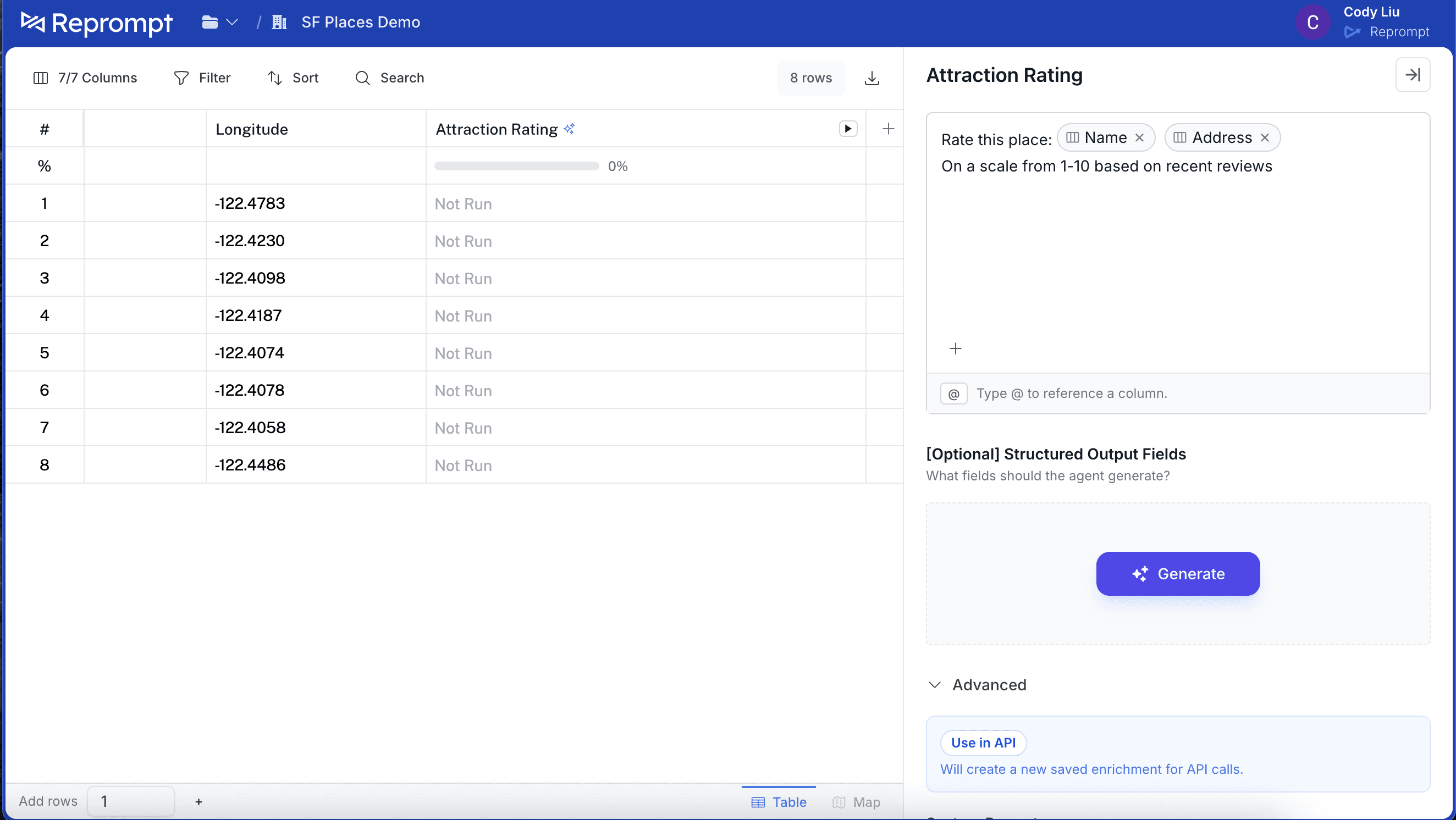 Advanced settings with the Use in API button